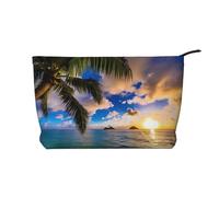 Borsa per il trucco multifunzionale in velluto a coste con chiusura a cerniera tropicale Hawaii palma mare tramonto 22 x 7 x 17 cm per viaggi, campeggio, vacanze, fitness, Nero , Taglia unica