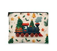 Borsa per il trucco natalizia, borsa da viaggio colorata con treno e albero per donne, piccola borsa portatile in tela con cerniera, organizer per articoli da toeletta per la cura della pelle delle