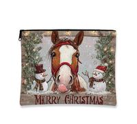 Borsa per il trucco natalizia, borsa da viaggio per cosmetici, con cavallo e pupazzo di neve, da donna, piccola borsa portatile in tela con cerniera, borsa da toilette invernale per la cura della