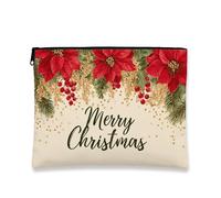 Borsa per il trucco natalizia, borsa da viaggio per cosmetici con motivo floreale con stella di Natale rossa, piccola borsa portatile in tela con cerniera, borsa da toilette per la cura della pelle