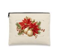 Borsa per il trucco natalizia, borsa da viaggio per cosmetici con motivo floreale con stella di Natale rossa, piccola borsa portatile in tela con cerniera, organizer per articoli da toeletta per la