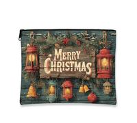 Borsa per il trucco natalizia, lanterna rustica vintage, astuccio da viaggio per donne, organizer portatile con cerniera, borsa da toilette per la cura della pelle delle vacanze, Rosso, 7x9 Inch