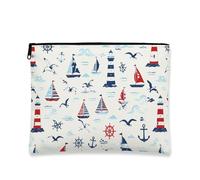 Borsa per il trucco nautico, borsa da viaggio per cosmetici a vela e faro, per donne, piccola borsa portatile in tela con cerniera, borsa da toilette estiva per la cura della pelle, bianco, 7x9 Inch