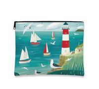 Borsa per il trucco nautico, borsa da viaggio per donne, con faro costiero e barche a vela, organizer portatile in tela con cerniera, borsa da toilette regalo per vacanze al mare, vacanze estive