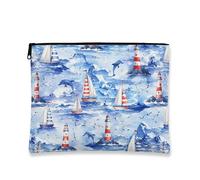 Borsa per il trucco nautico, borsa per cosmetici ad acquerello con faro blu e barche a vela per donne, organizer portatile in tela con cerniera, borsa da viaggio estiva, Blu, 7x9 Inch, Faro