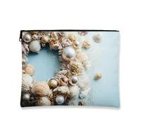 Borsa per il trucco nautico, con conchiglie e perle, da donna, piccola organizer portatile con cerniera, borsa da toilette per la cura della pelle da spiaggia per l'estate, Blu, 7x9 Inch, Conchiglie