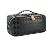 Borsa per il trucco, organizer da viaggio per cosmetici di grande capacità, impermeabile, aperto e piatto, con manico, design a diamante, per donne, Nero diamante., Classico
