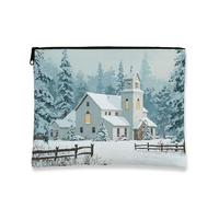 Borsa per il trucco panoramica invernale, piccola borsa portatile in tela con cerniera per donne, borsa da toilette organizer per la cura della pelle delle vacanze, bianco, 7x9 Inch, Chiesa