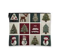 Borsa per il trucco patchwork natalizia, borsa cosmetica a tema natalizio per donne, organizer portatile in tela con cerniera, borsa da toilette invernale per la cura della pelle, Verde, 7x9 Inch