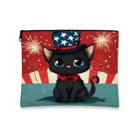 Borsa per il trucco patriottica con gatto nero, borsa da viaggio per cosmetici con stelle e lustrini, borsa da viaggio per donne, piccola borsa portatile in tela con cerniera, organizer per articoli