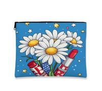 Borsa per il trucco patriottica, margherite stellari, Pop Art organizzatore da viaggio da donna, piccola borsa portatile in tela con cerniera, regalo per giorno dell'indipendenza estiva, blu, 7x9 Inch