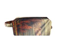 Borsa per il trucco per le donne,Borsa per cosmetici piccola,Borse per il trucco da viaggio,sentiero nel bosco sole autunnale Borsa da stampa