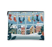 Borsa per il trucco per le vacanze, accogliente borsa da viaggio per cosmetici con scena invernale, piccola borsa portatile in tela con cerniera, borsa da toilette natalizia per la cura della pelle