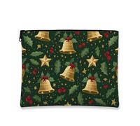 Borsa per il trucco per le vacanze, astuccio da viaggio con motivo campane e stelle, borsa da viaggio portatile piccola in tela con cerniera, borsa da toilette natalizia per la cura della pelle, Verde