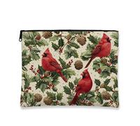 Borsa per il trucco per le vacanze, borsa da viaggio per cosmetici con cardinale rosso e agrifoglio per donne, piccola borsa portatile in tela con cerniera, borsa da toilette natalizia per la cura