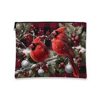 Borsa per il trucco per le vacanze, borsa da viaggio per cosmetici con cardinale rosso e agrifoglio per donne, piccola borsa portatile in tela con cerniera, borsa da toilette invernale per la cura