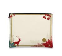 Borsa per il trucco per le vacanze, con cervo rosso e floreale natalizio, da viaggio, per donne, piccola borsa portatile in tela con cerniera, borsa da toilette per le feste invernali, Rosso, 7x9 Inch