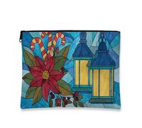 Borsa per il trucco per le vacanze, lanterne in vetro colorato e stelle di Natale, borsa da viaggio per donne, piccola borsa portatile in tela con cerniera, borsa da toilette natalizia per la cura