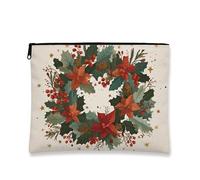 Borsa per il trucco per le vacanze, sacchetto floreale natalizio con design stella di Natale e pigne, per donne, piccola borsa portatile in tela con cerniera, borsa da toilette per la cura della pelle