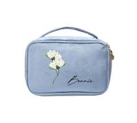 Borsa per il trucco personalizzata-Borse cosmetiche personalizzate con nome di fiore di nascita Borse da viaggio personalizzate per trucco da donna Organizer grande capacità, Azzurro, Personalizzabile