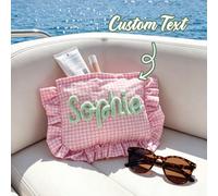 Borsa per il trucco personalizzata con nome, volant e motivo a quadri, perfetta per addobbi da sposa, regali per damigelle, addii al nubilato, viaggi, spiaggia e per celebrare la sorellanza blu,rosa,v