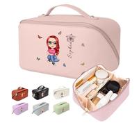 Borsa per il trucco personalizzata con personaggi dei cartoni animati con fiore di nascita e nome, borsa cosmetica personalizzata per donne, borsa da viaggio portatile in pelle PU impermeabile, regalo
