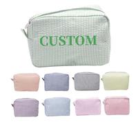 Borsa per il trucco personalizzata con ricamo del nome, graziosa borsa per cosmetici in seersucker personalizzata, borsa da viaggio per articoli da toeletta, regalo di compleanno per donne amiche