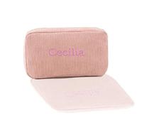 Borsa per il trucco personalizzata in seersucker, borsa cosmetica, regali per damigella d'onore, regali per feste nuziali, organizer per trucco, regalo per addio al nubil, avorio, rosa e nero
