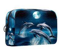 Borsa per il trucco piccola,borsa da viaggio per il trucco,delfini dell'oceano della luna piena,borsa per l'organizzatore del trucco