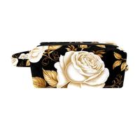 Borsa per il trucco piccola,borsa da viaggio per il trucco,Foglie dorate del fiore della rosa bianca,borsa per l'organizzatore del trucco