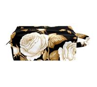 Borsa per il trucco piccola,borsa da viaggio per il trucco,Foglie dorate del fiore della rosa bianca,borsa per l'organizzatore del trucco