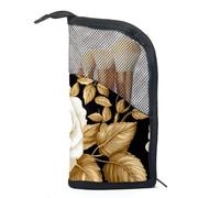 Borsa per il trucco piccola,borsa da viaggio per il trucco,Foglie dorate del fiore della rosa bianca,borsa per l'organizzatore del trucco