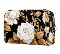 Borsa per il trucco piccola,borsa da viaggio per il trucco,Foglie dorate del fiore della rosa bianca,borsa per l'organizzatore del trucco