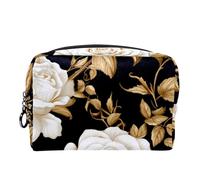 Borsa per il trucco piccola,borsa da viaggio per il trucco,Foglie dorate del fiore della rosa bianca,borsa per l'organizzatore del trucco