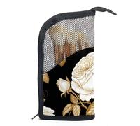 Borsa per il trucco piccola,borsa da viaggio per il trucco,Foglie dorate del fiore della rosa bianca,borsa per l'organizzatore del trucco