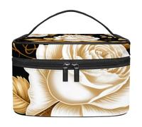 Borsa per il trucco piccola,borsa da viaggio per il trucco,Foglie dorate del fiore della rosa bianca,borsa per l'organizzatore del trucco