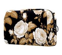 Borsa per il trucco piccola,borsa da viaggio per il trucco,Foglie dorate del fiore della rosa bianca,borsa per l'organizzatore del trucco