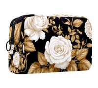 Borsa per il trucco piccola,borsa da viaggio per il trucco,Foglie dorate del fiore della rosa bianca,borsa per l'organizzatore del trucco