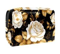 Borsa per il trucco piccola,borsa da viaggio per il trucco,Foglie dorate del fiore della rosa bianca,borsa per l'organizzatore del trucco