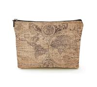 Borsa per il trucco portatile Borsa per cosmetici da viaggio in lino da donna con custodia per trucco con cerniera per viaggi di lavoro, mappa del mondo in stile incisione su rame