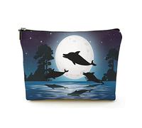 Borsa per il trucco portatile Borse per cosmetici da viaggio in lino da donna con custodia per il trucco con cerniera per viaggi di lavoro, Delfino nella silhouette della scena della