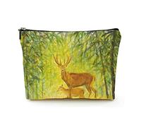 Borsa per il trucco portatile Borse per cosmetici da viaggio in lino da donna con custodia per trucco con cerniera per viaggi di lavoro, cervo nella pittura a olio della foresta autunnale