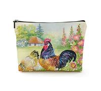 Borsa per il trucco portatile Borse per cosmetici da viaggio in lino da donna con custodia per trucco con cerniera per viaggi di lavoro, gallo della fattoria circondato da fiori