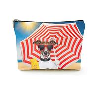 Borsa per il trucco portatile Borse per cosmetici da viaggio in lino da donna con custodia per trucco con cerniera per viaggi di lavoro, cane in spiaggia sotto l'ombrello rosso e bianco