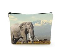Borsa per il trucco portatile Borse per cosmetici da viaggio in lino da donna con custodia per trucco con cerniera per viaggi di lavoro, elefanti sul Monte Kilimanjaro