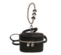 Borsa per il trucco portatile da donna in pelle PU per rossetto tinta unita semplice custodia per auricolari con catena carino mini bocca borse per rossetto per donne viaggi lavoro, Nero , casual