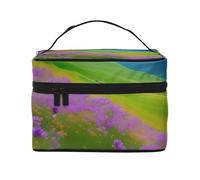 Borsa per il trucco portatile da viaggio con cerniera versatile, grande capacità, con stampa panoramica di fiori viola, prato di montagna e