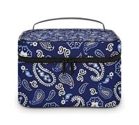 Borsa per il trucco portatile di grande capacità con cerniera, elegante borsa retrò persiana con motivo paisley blu navy Deep Sea