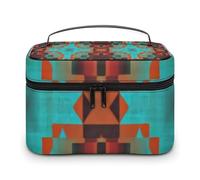 Borsa per il trucco portatile di grande capacità con cerniera, turchese, verde acqua, arancione, rosso, mosaico tribale