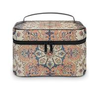 Borsa per il trucco portatile di grande capacità, elegante, retrò, in pelle persiana, con cerniera, blu ruggine arancione Tabriz, Persia